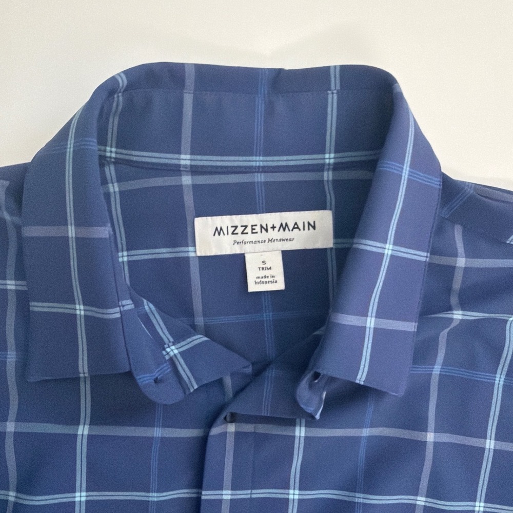 Mizzen+Main Performance Dress Shirt Mens Small Trim Fit Navy Blue Plaid Check - Picture 4 of 4
